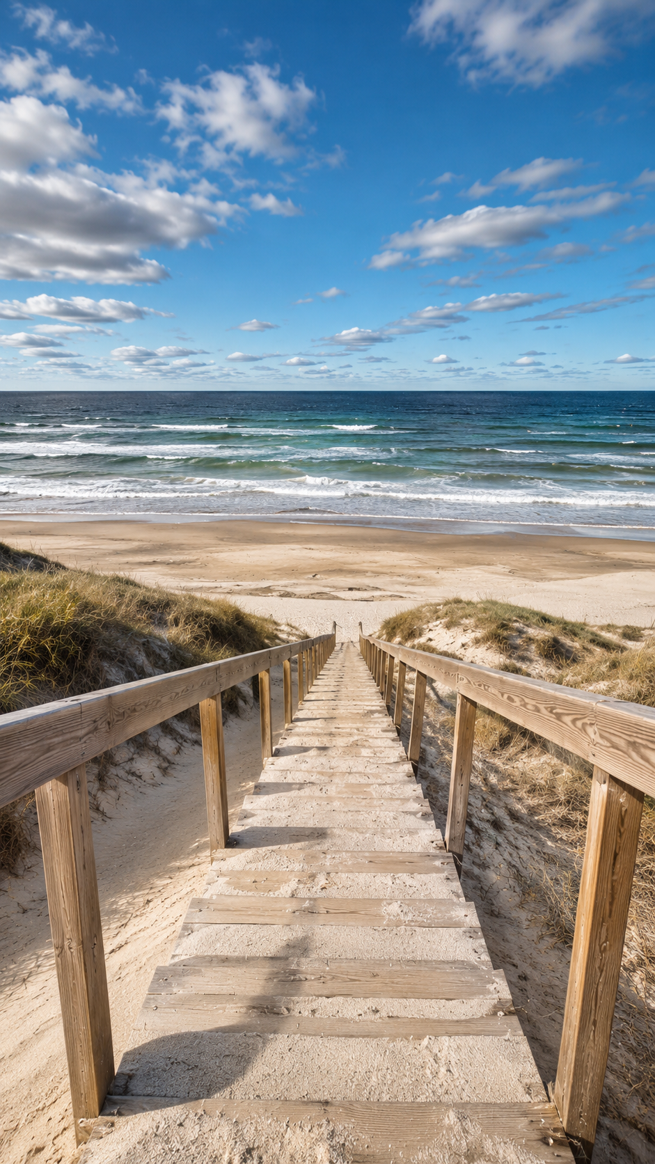 Solrige trapper ned mod en blå strand – en indbydende vej til sommeren og Iris Yoga